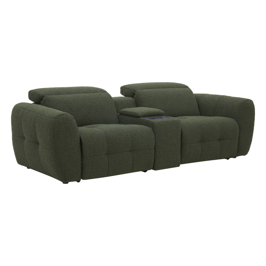 Milos 2 Seater Modular Lounge Green Fabric Recliner With Console
