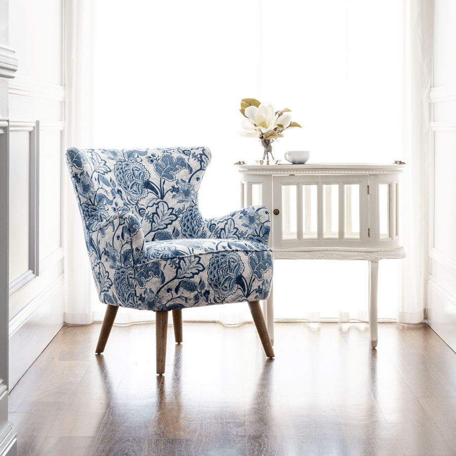 Blue and white shop chair