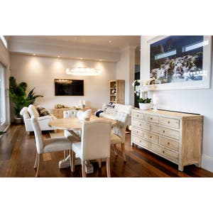 Bayside 1.2m Dining Table and 4 Belfort Cream Dining Chair with Bayside Buffet Package